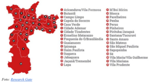 Mapa das 32 subprefeituras do município de São Paulo, com divisão territorial e identificação por região.